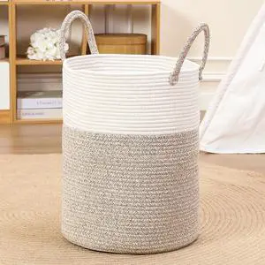 60L Large Woven Laundry Basket Hamper, 100% Natural Cotton Rope, Handwoven & Durable, Storage for Blankets, Toys, Clothes, Nursery Hamper for Living Room, Baby Room, Bedroom (Brown and White) 60L Large Woven Laundry Basket Hamper, 100% Natural Cotton Rope, Handwoven & Durable, Storage for Blankets, Toys, Clothes, Nursery Hamper for Living Room, Baby Room, Bedroom (Brown and White)