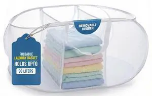 Collapsible Laundry Basket, 3-Compartment Mesh Laundry Sorter, Foldable Pop Up Hamper with Handles, Space-Saving Durable Organizer for Dorm, Bedroom, Travel, White Collapsible Laundry Basket, 3-Compartment Mesh Laundry Sorter, Foldable Pop Up Hamper with Handles, Space-Saving Durable Organizer for Dorm, Bedroom, Travel, White
