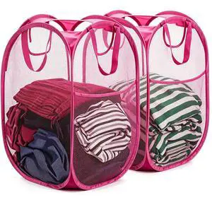 2 Pcs Pop Up Laundry Hamper, Strong Mesh Laundry Baskets Collapsible, Hamper with Handles and Side Pocket, Portable Foldable Dirty Clothes for Dorm, Laundry room and Travel Storage, Pink 2 Pcs Pop Up Laundry Hamper, Strong Mesh Laundry Baskets Collapsible, Hamper with Handles and Side Pocket, Portable Foldable Dirty Clothes for Dorm, Laundry room and Travel Storage, Pink