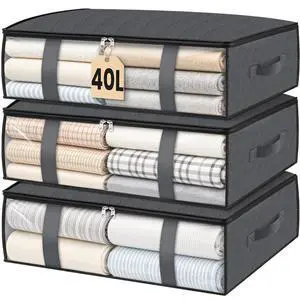 Under Bed Storage Bags, 3 Pack, 40L, Gray | Breathable Non-Woven Fabric with a Clear Window and Zippered Top for Clothes, Comforters, Blankets and Seasonal Storage Under Bed Storage Bags, 3 Pack, 40L, Gray | Breathable Non-Woven Fabric with a Clear Window and Zippered Top for Clothes, Comforters, Blankets and Seasonal Storage