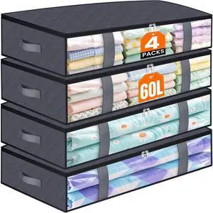 4 Pack Under Bed Storage Containers, 60L Blanket Storage Bags | Foldable Closet Organizers with Handles & Zippers, Clear Window, Non-Woven Fabric Storage Bins for Clothes,Comforters,Bedding 4 Pack Under Bed Storage Containers, 60L Blanket Storage Bags | Foldable Closet Organizers with Handles & Zippers, Clear Window, Non-Woven Fabric Storage Bins for Clothes,Comforters,Bedding