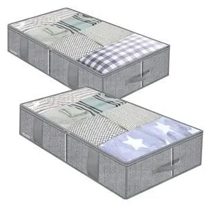 Breathable Under Bed Storage Bags with 4 Reinforced Handles and Sturdy Side Wall, 2 Pack Eco-friendly Underbed Clothing Blankets Organizer with 2 Strong Zippers, Herringbone Grey, MXRUBBSS2P Breathable Under Bed Storage Bags with 4 Reinforced Handles and Sturdy Side Wall, 2 Pack Eco-friendly Underbed Clothing Blankets Organizer with 2 Strong Zippers, Herringbone Grey, MXRUBBSS2P