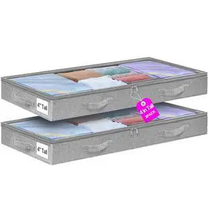4 inch High Soft Low Profile Under Bed Storage Bins, 2 Pack, Grey | Foldable Clothes Storage Bag with Zippers & Clear Top, Shallow Design for Under Cabinet, Sofa, Crib & Bed Storage 4 inch High Soft Low Profile Under Bed Storage Bins, 2 Pack, Grey | Foldable Clothes Storage Bag with Zippers & Clear Top, Shallow Design for Under Cabinet, Sofa, Crib & Bed Storage