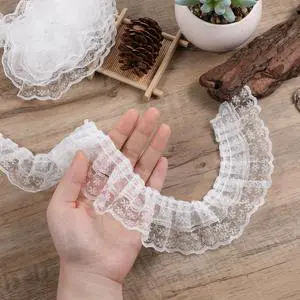 White Lace Ribbon, 2-Layer Pleated Edge White Lace Ruffle Trim for Crafts Sewing DIY, 1.8" x 5.5yd White Lace Ribbon, 2-Layer Pleated Edge White Lace Ruffle Trim for Crafts Sewing DIY, 1.8" x 5.5yd