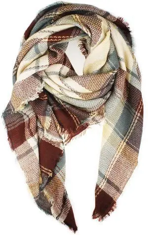 Brown Cream Plaid Fall Winter Blanket Scarf for Women | Oversized square acrylic wrap, soft tartan styling, cold-weather layering, shawl or poncho wear, seasonal gifts Brown Cream Plaid Fall Winter Blanket Scarf for Women | Oversized square acrylic wrap, soft tartan styling, cold-weather layering, shawl or poncho wear, seasonal gifts