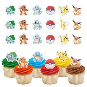 Pokémon Rings, Cupcake Decorations With Pikachu, Bulbasaur, Eevee, Charmander, Squirtle, and Poké Ball, Multicolored Food Safe Cake Toppers 24 Pack Pokémon Rings, Cupcake Decorations With Pikachu, Bulbasaur, Eevee, Charmander, Squirtle, and Poké Ball, Multicolored Food Safe Cake Toppers 24 Pack