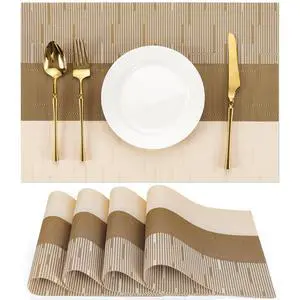 Placemats Set of 4, Vinyl Woven Heat-Resistant Place Mats | Washable Wipeable PVC Table Mats, Non Slip Placemat for Kitchen Dining Indoor Outdoor Table (Beige Light Brown, Set of 4) Placemats Set of 4, Vinyl Woven Heat-Resistant Place Mats | Washable Wipeable PVC Table Mats, Non Slip Placemat for Kitchen Dining Indoor Outdoor Table (Beige Light Brown, Set of 4)