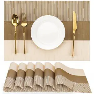 Placemats Set of 6, Vinyl Woven Heat-Resistant Place Mats | Washable Wipeable PVC Table Mats, Non Slip Placemat for Kitchen Dining Indoor Outdoor Table (Beige Light Brown, Set of 6) Placemats Set of 6, Vinyl Woven Heat-Resistant Place Mats | Washable Wipeable PVC Table Mats, Non Slip Placemat for Kitchen Dining Indoor Outdoor Table (Beige Light Brown, Set of 6)