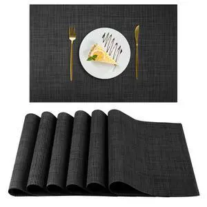 Placemats Set of 6 Washable, Non-Slip Heat Resistant Table Mat, Black | 6pcs PVC Vinyl Woven Table Placemats Wipeable for Kitchen Dinning Restaurant, Farmhouse Placemats Set of 6 Washable, Non-Slip Heat Resistant Table Mat, Black | 6pcs PVC Vinyl Woven Table Placemats Wipeable for Kitchen Dinning Restaurant, Farmhouse