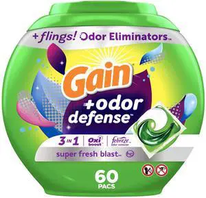 Flings Laundry Detergent Pacs with Odor Defense, 60 Count, Super Fresh Blast Scent, HE 3in1 Detergent Pacs with Febreze and Oxi Flings Laundry Detergent Pacs with Odor Defense, 60 Count, Super Fresh Blast Scent, HE 3in1 Detergent Pacs with Febreze and Oxi