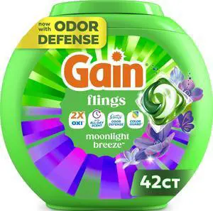Flings Liquid Washing Detergent Pods with Odor Defense + Color Guard, Moonlight Breeze Scent, 4-in-1 Liquid Laundry Detergent Pacs, Clean & Fresh, 42 Count (Packaging May Vary) Flings Liquid Washing Detergent Pods with Odor Defense + Color Guard, Moonlight Breeze Scent, 4-in-1 Liquid Laundry Detergent Pacs, Clean & Fresh, 42 Count (Packaging May Vary)