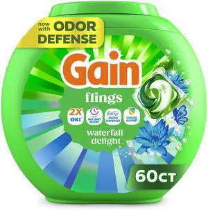 Flings Liquid Washing Detergent Pacs, Now with Odor Defense + Color Guard, Waterfall Delight Scent, 4-In-1 Liquid Laundry Detergent Pods, clean & fresh, 60 Count Flings Liquid Washing Detergent Pacs, Now with Odor Defense + Color Guard, Waterfall Delight Scent, 4-In-1 Liquid Laundry Detergent Pods, clean & fresh, 60 Count