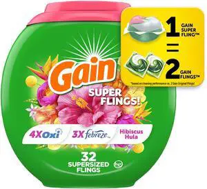 Super Flings Laundry Detergent Pacs, 32 Count, Hibiscus Hula scent, irresistibly clean and fresh washing detergent laundry soap pacs Super Flings Laundry Detergent Pacs, 32 Count, Hibiscus Hula scent, irresistibly clean and fresh washing detergent laundry soap pacs