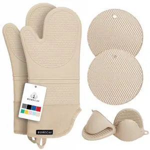 Silicone Oven Mitts and Pot Holders Sets, Gloves for Kitchen, Beige | Set of 6 Kitchen Mitts for Baking & Cooking, Heat Resistant 500 , 15" Extra Long, Non-Slip & Waterproof, Quilted Cotton Silicone Oven Mitts and Pot Holders Sets, Gloves for Kitchen, Beige | Set of 6 Kitchen Mitts for Baking & Cooking, Heat Resistant 500 , 15" Extra Long, Non-Slip & Waterproof, Quilted Cotton