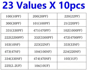 230pcs 23Values Each with 10 Monolithic Capacitor Package with A Pin Spacing of 5.08mm and A Capacitance Value of 10PF-10UF 230pcs 23Values Each with 10 Monolithic Capacitor Package with A Pin Spacing of 5.08mm and A Capacitance Value of 10PF-10UF