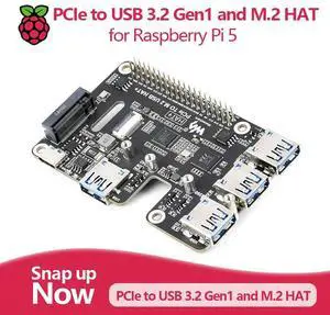 PCIe to USB 3.2 Gen1 and M.2 HAT for Raspberry Pi 5, supports NVMe protocol solid state drives with high-speed reading. PCIe to USB 3.2 Gen1 and M.2 HAT for Raspberry Pi 5, supports NVMe protocol solid state drives with high-speed reading.