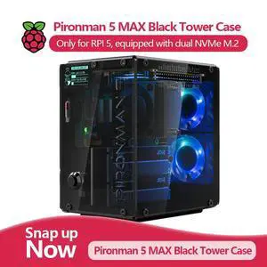 Pironman 5 MAX, Black Tower Case for Raspberry Pi 5, Equipped with Dual NVMe M.2, Programmable RGB Lighting and Dual-Fan Coolers Pironman 5 MAX, Black Tower Case for Raspberry Pi 5, Equipped with Dual NVMe M.2, Programmable RGB Lighting and Dual-Fan Coolers