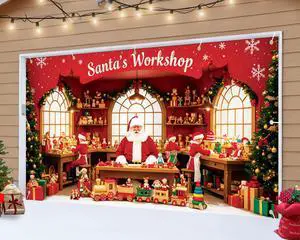 Santa's Workshop Garage Door Cover - 7x16Ft Christmas Holiday Decor with 4x6m Ribbon Strings | Polyester Santa & Elves Scene for Home, Church, Party Decorations | Durable, Reusable & Fade-Resistant Santa's Workshop Garage Door Cover - 7x16Ft Christmas Holiday Decor with 4x6m Ribbon Strings | Polyester Santa & Elves Scene for Home, Church, Party Decorations | Durable, Reusable & Fade-Resistant