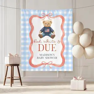 Red White And Due Baby Shower Party Banner Backdrop, Teddy Bear USA Theme Decor For Baby Sprinkle Parents, Patriotic Nursery Photo Background Red White And Due Baby Shower Party Banner Backdrop, Teddy Bear USA Theme Decor For Baby Sprinkle Parents, Patriotic Nursery Photo Background