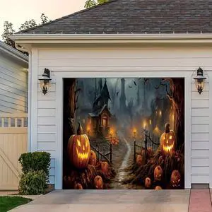 7x8ft Halloween Garage Door Decoration Banner - Haunted House Scary Castle Cemetery Spooky Party - Polyester Fabric - Indoor/Outdoor - Includes 20ft Rope & Copper Rings 7x8ft Halloween Garage Door Decoration Banner - Haunted House Scary Castle Cemetery Spooky Party - Polyester Fabric - Indoor/Outdoor - Includes 20ft Rope & Copper Rings