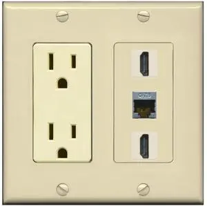 15 Amp Power Outlet 2 Port HDMI 1 Port Shielded Cat6 Decorative Wall Plate - Ivory 15 Amp Power Outlet 2 Port HDMI 1 Port Shielded Cat6 Decorative Wall Plate - Ivory