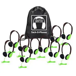 Sack-O-Phones, 10 Personal Headphones in a Carry Bag, Green, 10PK Sack-O-Phones, 10 Personal Headphones in a Carry Bag, Green, 10PK