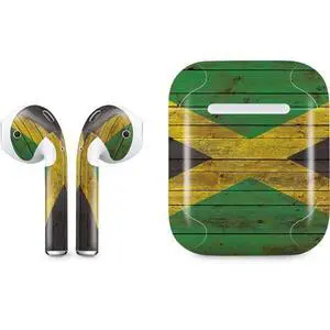 Decal Audio Skin Compatible with Apple AirPods - Jamaican Flag Dark Wood Design Decal Audio Skin Compatible with Apple AirPods - Jamaican Flag Dark Wood Design