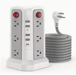 Surge Protector Power Strip with USB C(PD18W) Port|Flat Plug Braided Cord|Tower Outlets with USB Ports Surge Protector Power Strip with USB C(PD18W) Port|Flat Plug Braided Cord|Tower Outlets with USB Ports