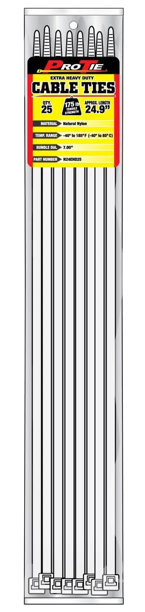 Pro Tie Extra Heavy Duty Cable Ties, Self-Locking Nylon Cable Wire Ties for Indoor and Outdoor Use | 24.9-Inch, 175 lbs. Tensile Strength, Natural Nylon, 25-Pack (PN: N24EHD25) Pro Tie Extra Heavy Duty Cable Ties, Self-Locking Nylon Cable Wire Ties for Indoor and Outdoor Use | 24.9-Inch, 175 lbs. Tensile Strength, Natural Nylon, 25-Pack (PN: N24EHD25)