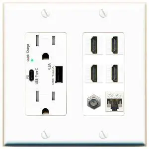 USB Charger Outlet 15A/125V USB A/USB-C Ports 4 HDMI 1 Cat5e Ethernet 1 Coax Cable Decorz White Wall Plate USB Charger Outlet 15A/125V USB A/USB-C Ports 4 HDMI 1 Cat5e Ethernet 1 Coax Cable Decorz White Wall Plate