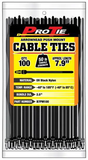 Pro Tie Arrowhead Push Mount Nylon Cable Ties for Indoor and Outdoor Use |7.9-Inch, 50 lbs. Tensile Strength, UV Black Nylon, 100-Pack (PN: B7PM100) Pro Tie Arrowhead Push Mount Nylon Cable Ties for Indoor and Outdoor Use |7.9-Inch, 50 lbs. Tensile Strength, UV Black Nylon, 100-Pack (PN: B7PM100)