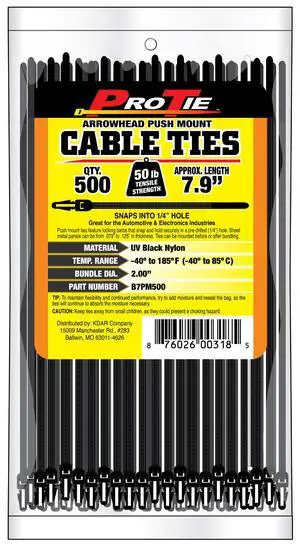 Pro Tie Arrowhead Push Mount Nylon Cable Ties for Indoor and Outdoor Use |7.9-Inch, 50 lbs. Tensile Strength, UV Black Nylon, 500-Pack (PN: B7PM500) Pro Tie Arrowhead Push Mount Nylon Cable Ties for Indoor and Outdoor Use |7.9-Inch, 50 lbs. Tensile Strength, UV Black Nylon, 500-Pack (PN: B7PM500)