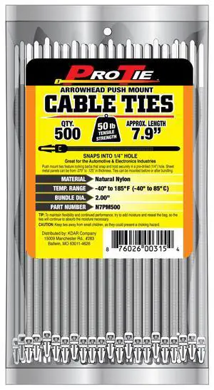 Pro Tie Arrowhead Push Mount Nylon Cable Ties for Indoor and Outdoor Use |7.9-Inch, 50 lbs. Tensile Strength, Natural Nylon, 500-Pack (PN: N7PM500) Pro Tie Arrowhead Push Mount Nylon Cable Ties for Indoor and Outdoor Use |7.9-Inch, 50 lbs. Tensile Strength, Natural Nylon, 500-Pack (PN: N7PM500)