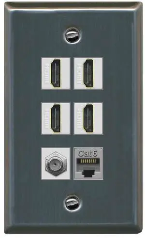 4 Port HDMI 1 Coax Cable TV- F-Type 1 Cat6 Ethernet Wall Plate - (1 Gang-Stainless Steel) 4 Port HDMI 1 Coax Cable TV- F-Type 1 Cat6 Ethernet Wall Plate - (1 Gang-Stainless Steel)