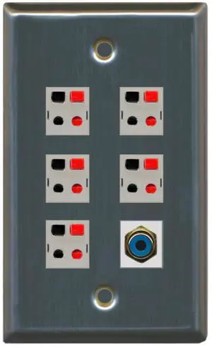 5 x Speaker Jacks and 1 x RCA Subwoofer Port Wall Plate Single Gang - Stainless Steel/Gray 5 x Speaker Jacks and 1 x RCA Subwoofer Port Wall Plate Single Gang - Stainless Steel/Gray