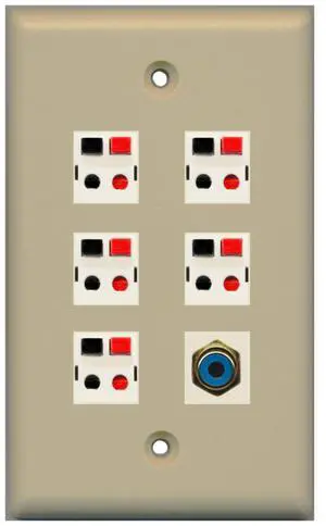 5 x Speaker Jacks and 1 x RCA Subwoofer Port Wall Plate Single Gang - Ivory 5 x Speaker Jacks and 1 x RCA Subwoofer Port Wall Plate Single Gang - Ivory