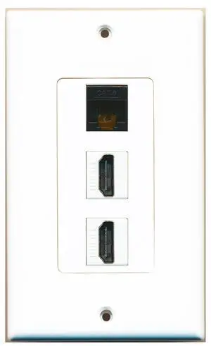 1 Cat6 Black Ethernet Port and 2 HDMI Female Decorative Wall Plate - White 1 Cat6 Black Ethernet Port and 2 HDMI Female Decorative Wall Plate - White