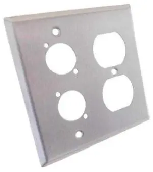 ProCraft Stainless Steel 2 Gang Wall Plate/AC Duplex 2 XLR D Style Hole | 2-gang stainless steel wall plate features cutouts for one duplex AC outlet and two D-style XLR panel connectors ProCraft Stainless Steel 2 Gang Wall Plate/AC Duplex 2 XLR D Style Hole | 2-gang stainless steel wall plate features cutouts for one duplex AC outlet and two D-style XLR panel connectors