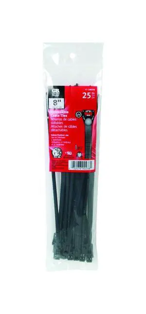GB 47-108UVB 8" Black Releasable Cable Ties 25 Count GB 47-108UVB 8" Black Releasable Cable Ties 25 Count