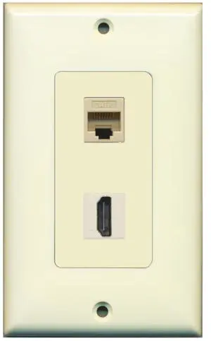 1 x Cat6 Ethernet Female and 1 x HDMI Port Wall Plate Decorative - Light Almond 1 x Cat6 Ethernet Female and 1 x HDMI Port Wall Plate Decorative - Light Almond