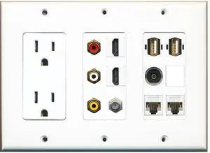 15 Amp Power Outlet 3 x RCA 2 HDMI USB Cat5e 1 Coax Toslink Wall Plate 15 Amp Power Outlet 3 x RCA 2 HDMI USB Cat5e 1 Coax Toslink Wall Plate