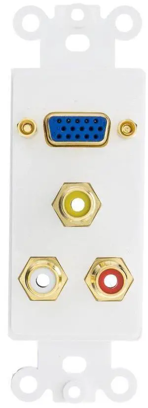 Decora Wall Plate Insert, White, 1 VGA Coupler and 3 RCA Couplers (Red/White/Yellow), HD15 Female and RCA Female Decora Wall Plate Insert, White, 1 VGA Coupler and 3 RCA Couplers (Red/White/Yellow), HD15 Female and RCA Female
