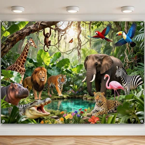 Jungle Backdrop Safari Party Decorations Rainforest Animals Banner 7x5ft, Polyester, Safari Backdrop, Jungle Party Decorations, Photography Background Jungle Backdrop Safari Party Decorations Rainforest Animals Banner 7x5ft, Polyester, Safari Backdrop, Jungle Party Decorations, Photography Background