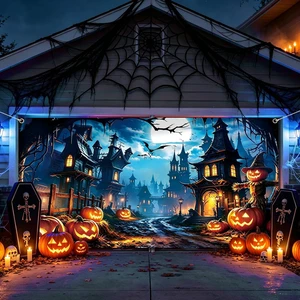 6 x 13 FT Halloween Garage Door Cover Banner Large Garage Door Halloween Cover with Haunted House, Pumpkin and Bats, Halloween Decorations for Outdoor Home Yard 6 x 13 FT Halloween Garage Door Cover Banner Large Garage Door Halloween Cover with Haunted House, Pumpkin and Bats, Halloween Decorations for Outdoor Home Yard