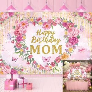 Happy Birthday Mom Backdrop Pink Flower Heart Glitter Mother's Day Decor Photography Background Mom's Birthday Backdrop for Women Party Decorations Banner Photo Props (7x5FT) Happy Birthday Mom Backdrop Pink Flower Heart Glitter Mother's Day Decor Photography Background Mom's Birthday Backdrop for Women Party Decorations Banner Photo Props (7x5FT)