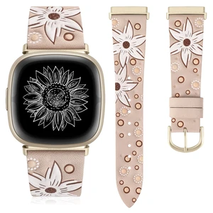 Leather Band Compatible with Fitbit Versa 4/Versa 3/Fitbit Sense 2/Sense Band Women, Boho Western Embossed Sunflower Floral Designer Cute Fancy Slim Thin Leather Strap for Versa 4 Smartwatch Leather Band Compatible with Fitbit Versa 4/Versa 3/Fitbit Sense 2/Sense Band Women, Boho Western Embossed Sunflower Floral Designer Cute Fancy Slim Thin Leather Strap for Versa 4 Smartwatch