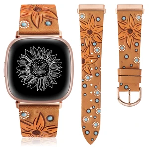 Leather Band Compatible with Fitbit Versa 4/Versa 3/Fitbit Sense 2/Sense Band Women, Boho Western Embossed Sunflower Floral Designer Cute Fancy Slim Thin Leather Strap for Versa 4 Smartwatch Leather Band Compatible with Fitbit Versa 4/Versa 3/Fitbit Sense 2/Sense Band Women, Boho Western Embossed Sunflower Floral Designer Cute Fancy Slim Thin Leather Strap for Versa 4 Smartwatch