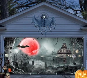 Halloween Night Eve Garage Door Cover 7x16ft Horror Cemetery Blood Moon Scary Halloween Double Garage Door Banner with Red Full Moon Haunted House Backdrop for Outdoor Holiday Garage Wall Decor Halloween Night Eve Garage Door Cover 7x16ft Horror Cemetery Blood Moon Scary Halloween Double Garage Door Banner with Red Full Moon Haunted House Backdrop for Outdoor Holiday Garage Wall Decor
