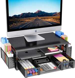 Desk Organizer and Accessories, Monitor Stand Riser, Black 2-Tier Laptop Stand with Drawer and 2 Pen Holders, Office Desk Accessories for Office Supplies, 16"W x 10"D x 5.8"H Desk Organizer and Accessories, Monitor Stand Riser, Black 2-Tier Laptop Stand with Drawer and 2 Pen Holders, Office Desk Accessories for Office Supplies, 16"W x 10"D x 5.8"H