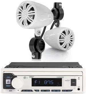 PLMRB29W2 Single DIN Marine Bluetooth MP3 Player Stereo Receiver, 2.25" 20 Watt Peak Power Compact PowerSport Waterproof Off Road Speakers (White, Pair) PLMRB29W2 Single DIN Marine Bluetooth MP3 Player Stereo Receiver, 2.25" 20 Watt Peak Power Compact PowerSport Waterproof Off Road Speakers (White, Pair)